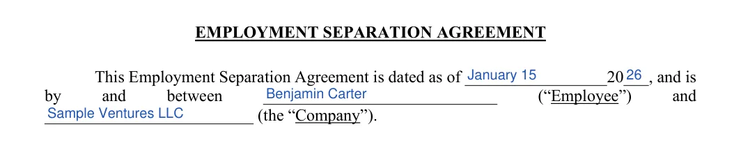Employment Separation Agreement: EMPLOYMENT SEPARATION AGREEMENT, filled with sample entries