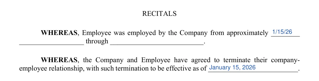 Employment Separation Agreement: RECITALS, filled with sample entries