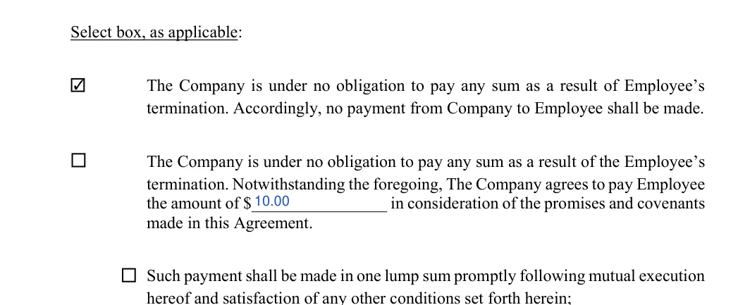 Employment Separation Agreement: Select box, as applicable, filled with sample entries