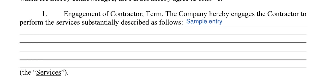 Independent Contractor Agreement: Services, filled with sample entries