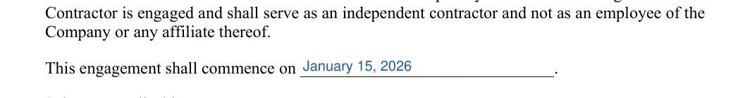 Independent Contractor Agreement: Commencement date, filled with sample entries