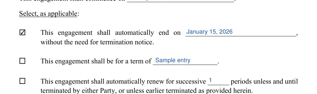 Independent Contractor Agreement: Select, as applicable, filled with sample entries