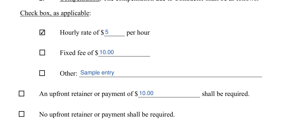 Independent Contractor Agreement: Check box, as applicable, filled with sample entries