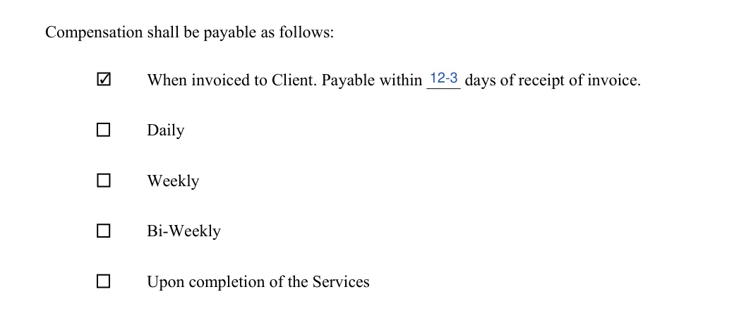 Independent Contractor Agreement: Compensation shall be payable as follows, filled with sample entries