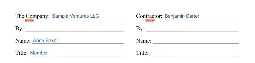 Independent Contractor Agreement: The company, Contractor and more, filled with sample entries
