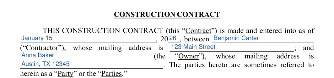 Construction Contract: CONSTRUCTION CONTRACT, filled with sample entries