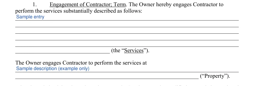 Construction Contract: perform the services substantially described as follows, filled with sample entries