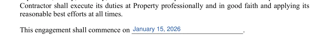 Construction Contract: Commencement date, filled with sample entries