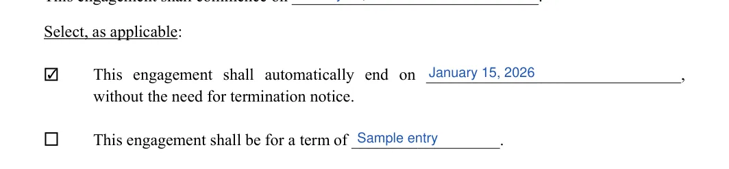 Construction Contract: Select, as applicable, filled with sample entries