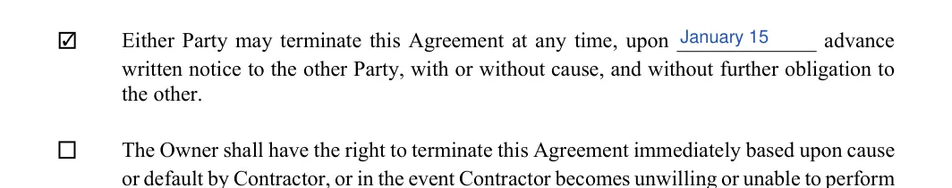 Construction Contract: Termination date, Check, filled with sample entries