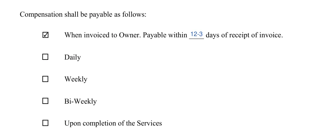 Construction Contract: Compensation shall be payable as follows, filled with sample entries