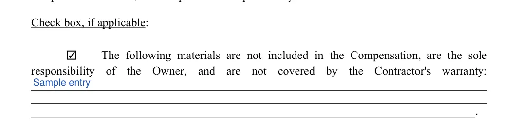 Construction Contract: Check box, if applicable, filled with sample entries