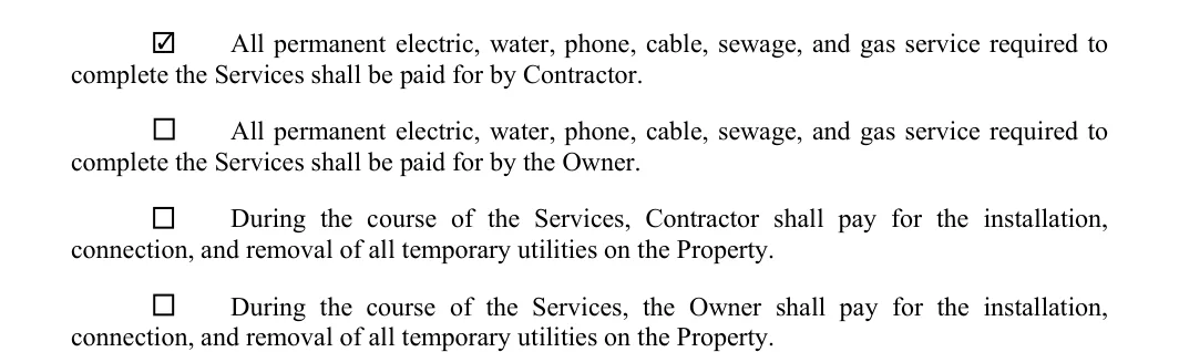 Construction Contract: Check, filled with sample entries