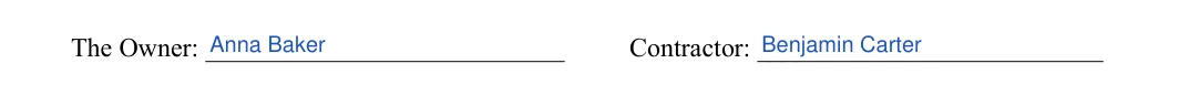 Construction Contract: The owner, Contractor, filled with sample entries