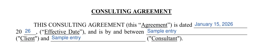 Consulting Contract: CONSULTING AGREEMENT, filled with sample entries