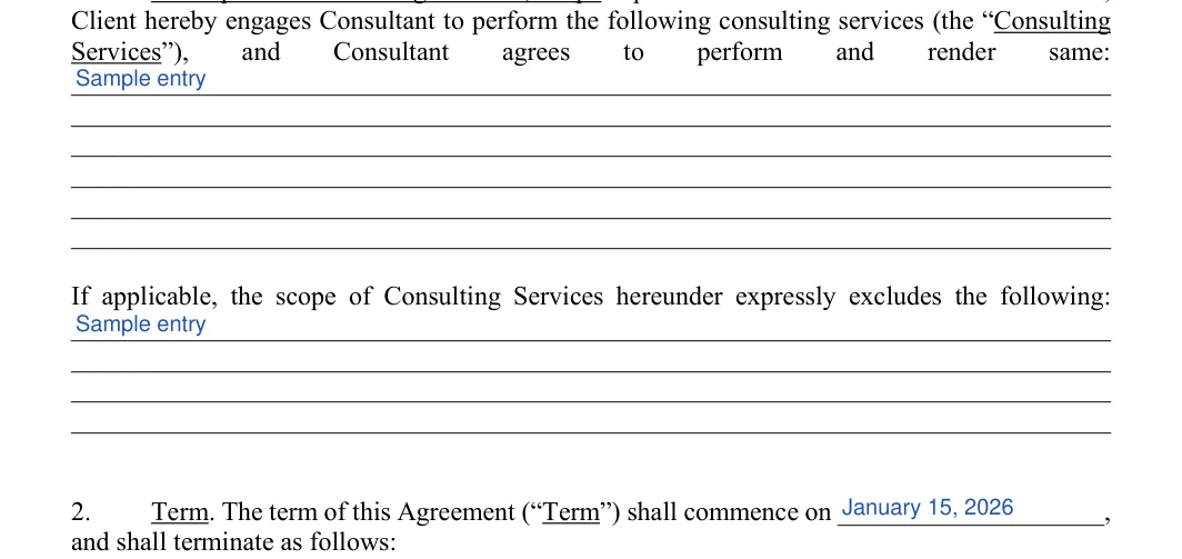 Consulting Contract: same, filled with sample entries