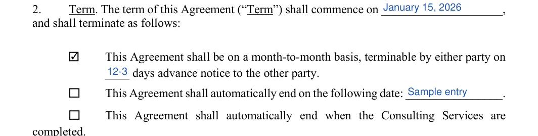 Consulting Contract: and shall terminate as follows, filled with sample entries