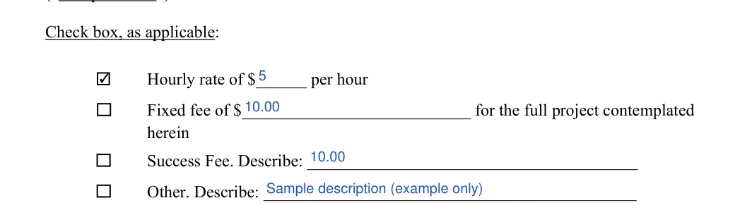 Consulting Contract: Check box, as applicable, filled with sample entries