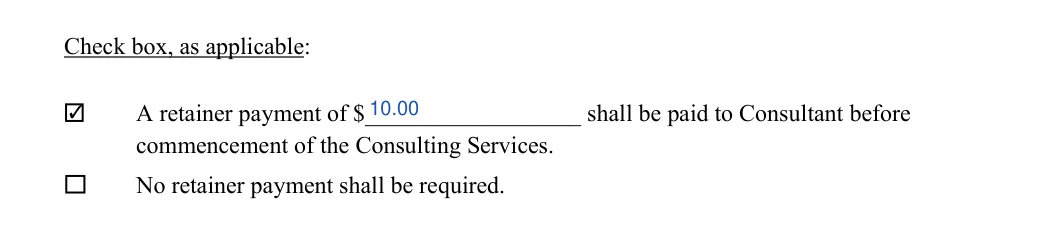 Consulting Contract: Check box, as applicable, filled with sample entries
