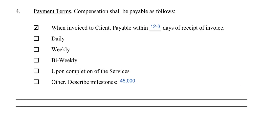 Consulting Contract: Payment Terms. Compensation shall be payable as follows, filled with sample entries