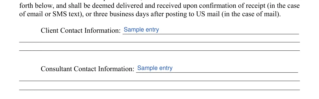 Consulting Contract: Client contact information, Consultant contact information, filled with sample entries