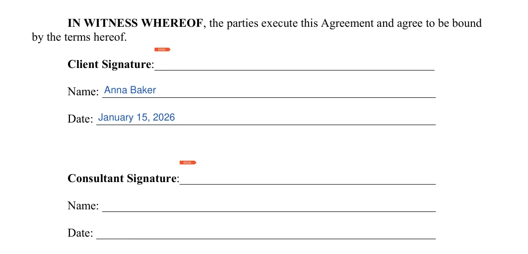 Consulting Contract: Client signature, Name and more, filled with sample entries