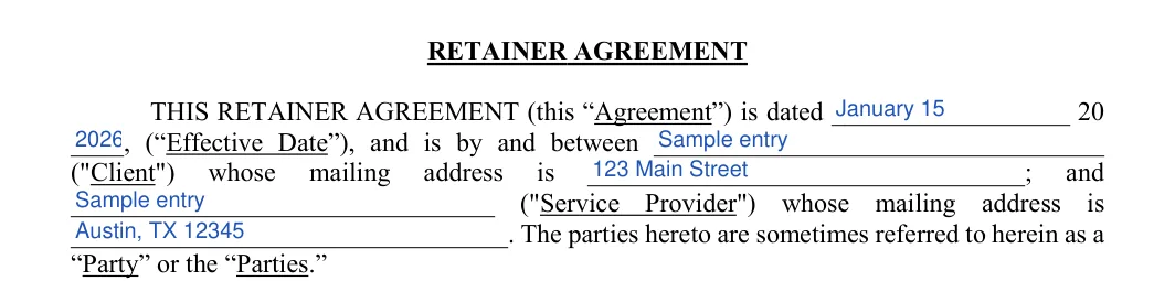 Retainer Agreement: RETAINER AGREEMENT, filled with sample entries