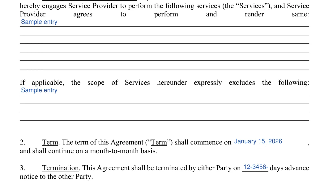 Retainer Agreement: same, filled with sample entries
