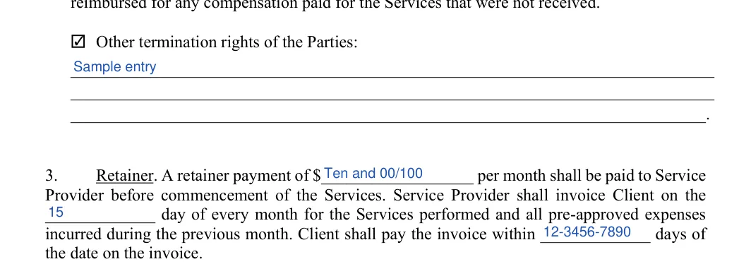 Retainer Agreement: □ Other termination rights of the Parties, filled with sample entries