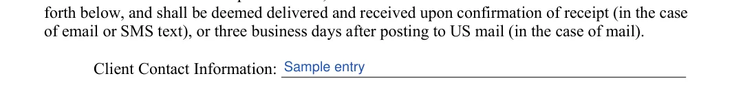 Retainer Agreement: Client contact info, filled with sample entries