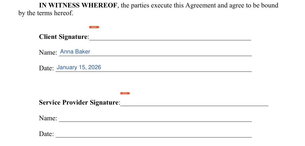 Retainer Agreement: Client signature, Name and more, filled with sample entries