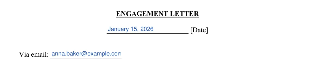 Engagement Letter: ENGAGEMENT LETTER, filled with sample entries