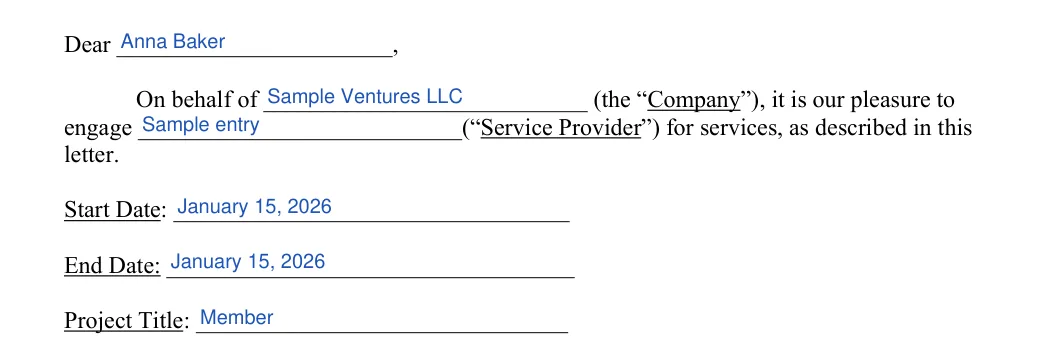 Engagement Letter: Name, Company and more, filled with sample entries