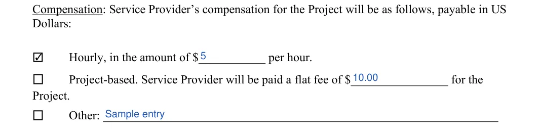 Engagement Letter: Dollars, filled with sample entries