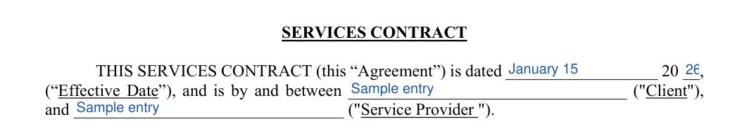 Service Agreement: SERVICES CONTRACT, filled with sample entries