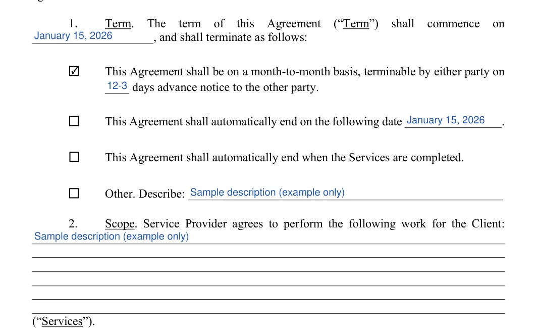 Service Agreement: Commencement date, Check and more, filled with sample entries