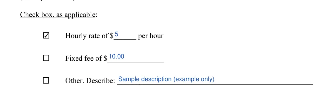 Service Agreement: Check box, as applicable, filled with sample entries