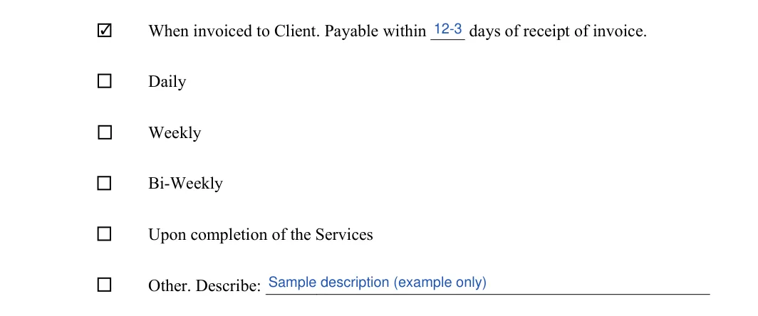 Service Agreement: Number of days, Check and more, filled with sample entries