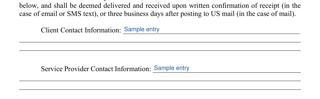 Service Agreement: Client contact information, Service provider contact information, filled with sample entries