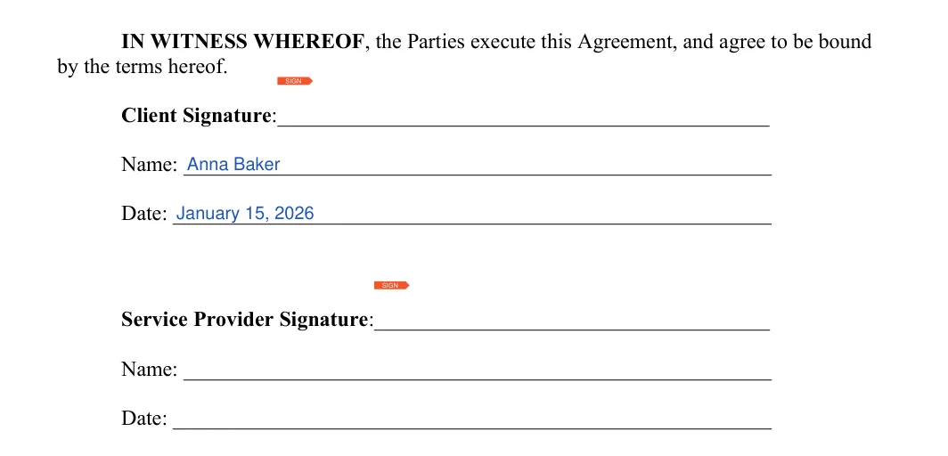 Service Agreement: Client signature, Name and more, filled with sample entries