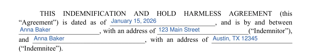 Indemnification Agreement: AGREEMENT, filled with sample entries