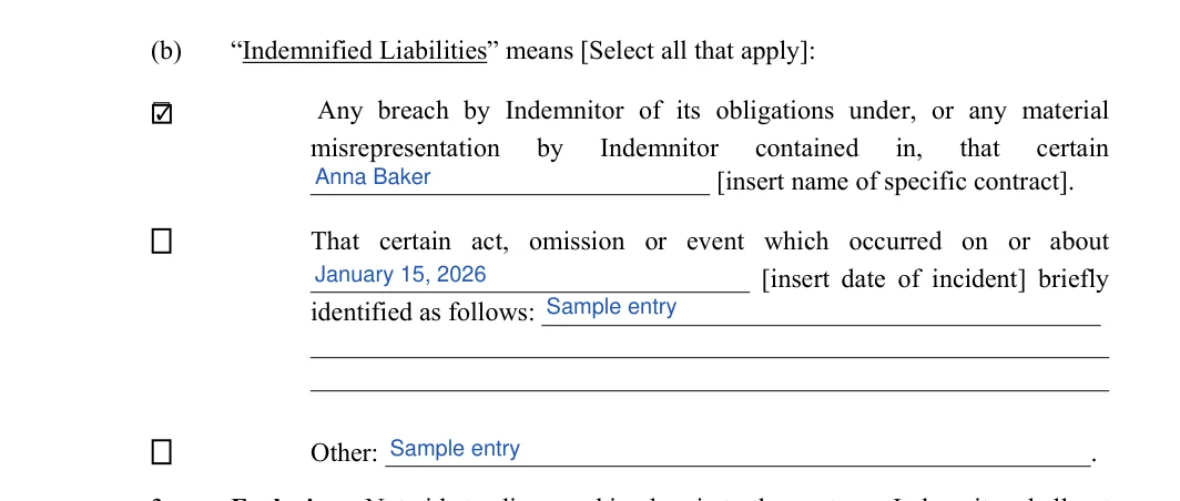 Indemnification Agreement: “Indemnified Liabilities” means [Select all that apply], filled with sample entries