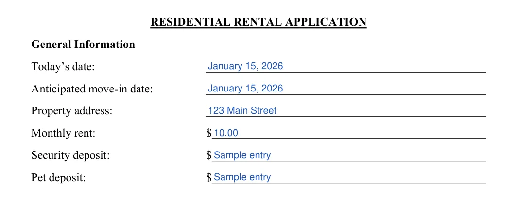 Rental Application: RESIDENTIAL RENTAL APPLICATION, filled with sample entries