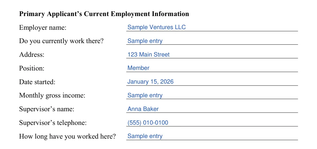 Rental Application: Employer name, Do you currently work there? and more, filled with sample entries