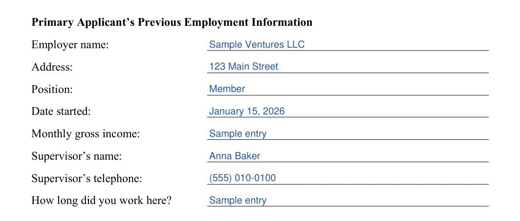 Rental Application: Employer name, Address and more, filled with sample entries