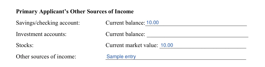 Rental Application: Current balance, Current market value and more, filled with sample entries