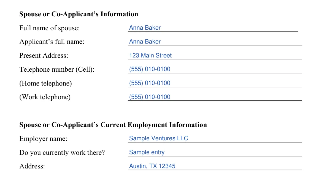 Rental Application: Full name of spouse, Applicant's full name and more, filled with sample entries