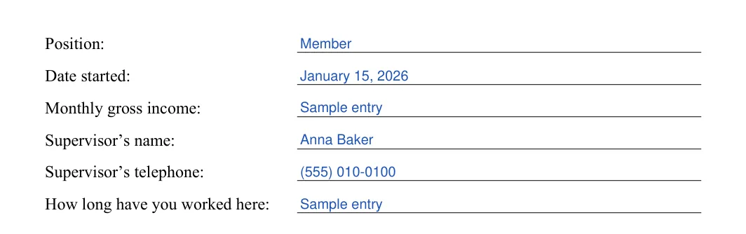 Rental Application: Position, Date started and more, filled with sample entries