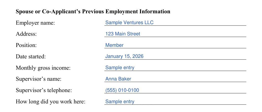 Rental Application: Employer name, Address and more, filled with sample entries