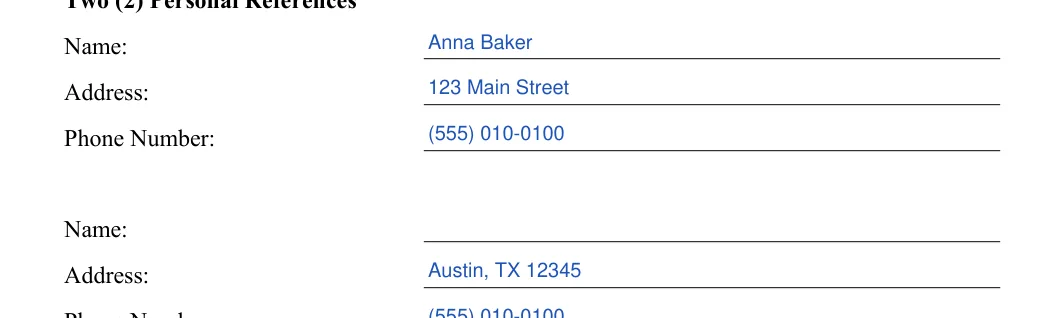 Rental Application: Name, filled with sample entries